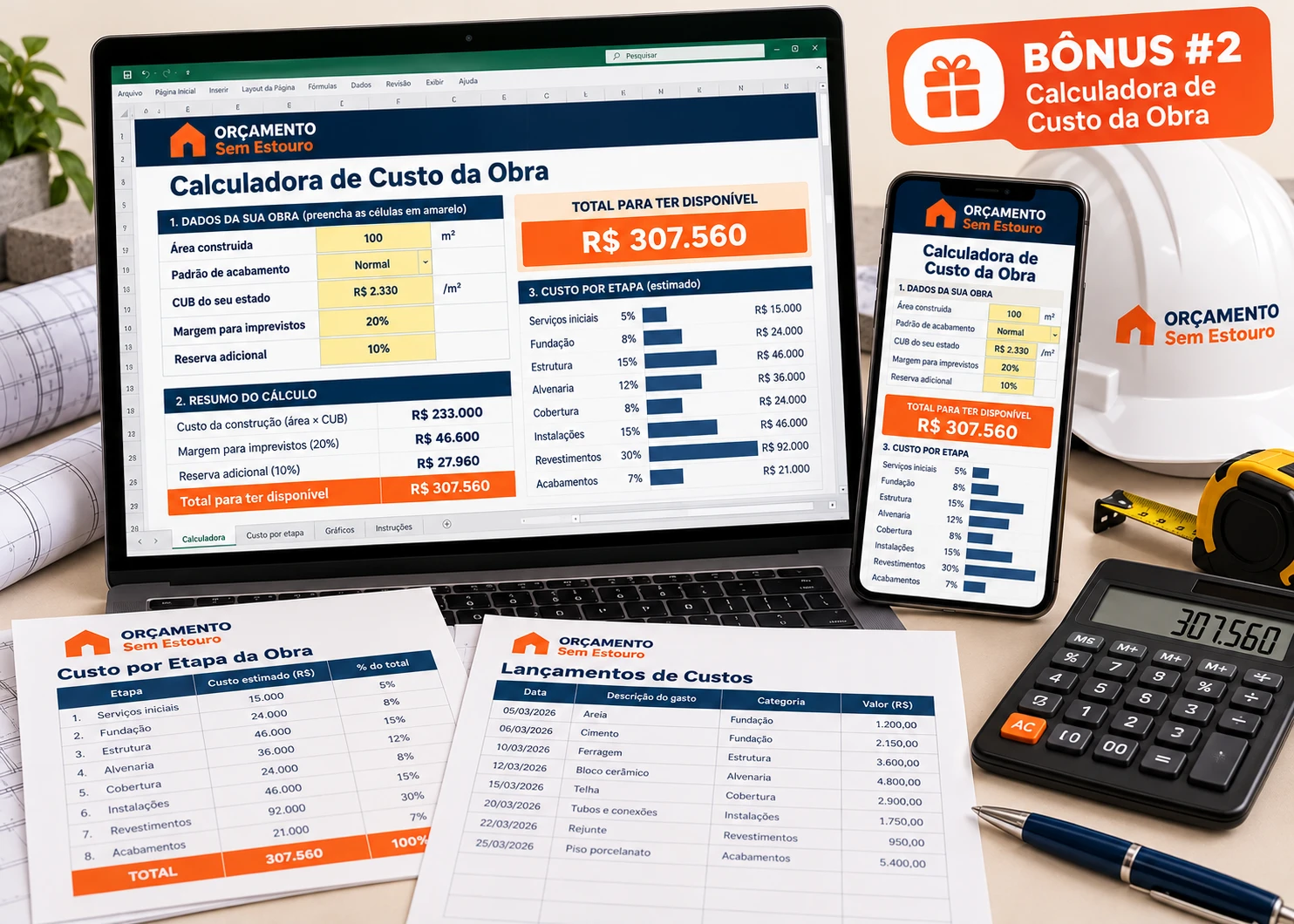 Mockup do bônus 2: Calculadora de Custo da Obra