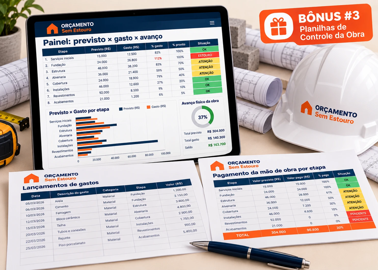 Mockup do bônus 3: Planilhas de Controle da Obra