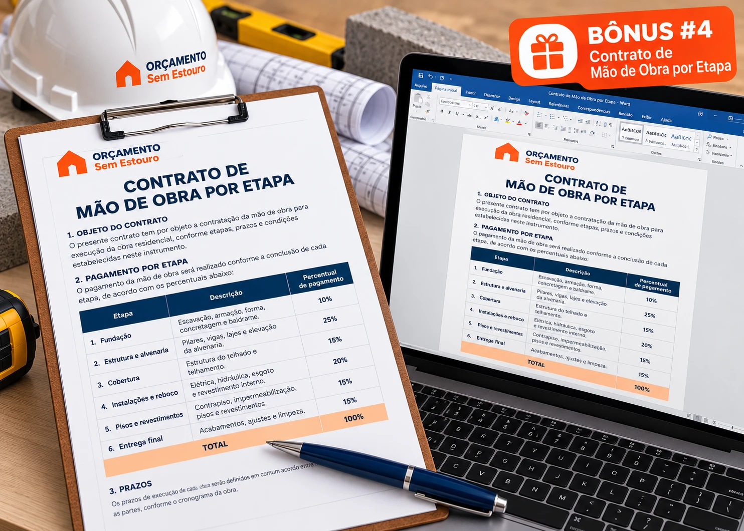 Mockup do bônus 4: Contrato de Mão de Obra por Etapa